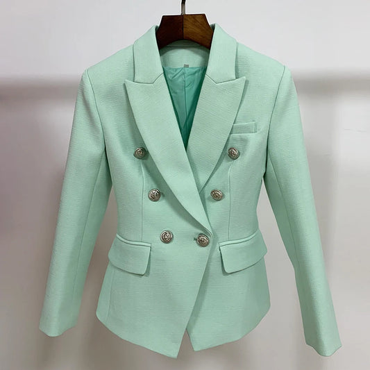 HIGH STREET 2024 Classic Baroque Designer Jacket Women's Metal Lion Buttons Double Breasted Textured Blazer Mint Green