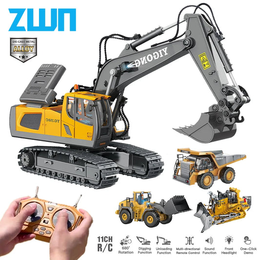 ZWN 2.4G Remote Control Excavator Dump Truck RC Model Car Toy Professional Alloy Plastic Simulation Construction Vehicle for Kid