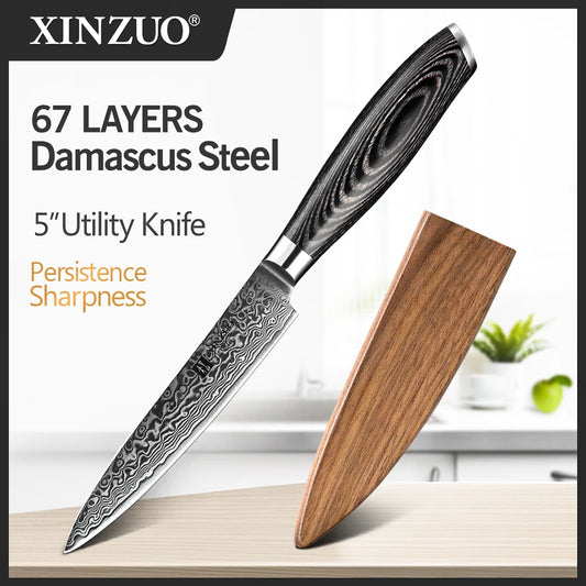 XINZUO 5"Inch Utility Knife Profesional Japanese Damascus Steel Kitchen Knife Multi-purpose Cutter Knives with Pakka Wood Handle