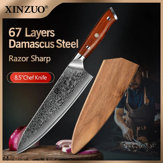 XINZUO 8.5 Inch Chef Knives High Carbon Chinese VG10 67 Layer Damascus Kitchen Knife Stainless Steel Gyuto Knife Rosewood Handle